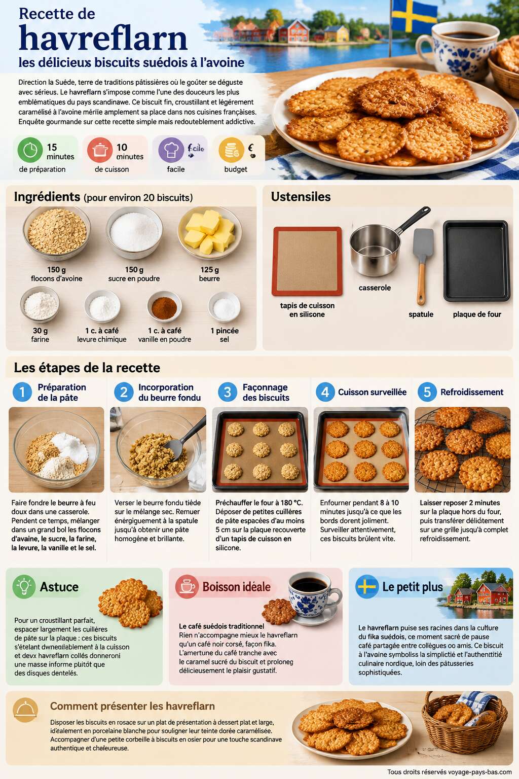 Fiche recette Recette de havreflarn : les délicieux biscuits suédois à l'avoine Fiche recette Recette de havreflarn : les délicieux biscuits suédois à l'avoine