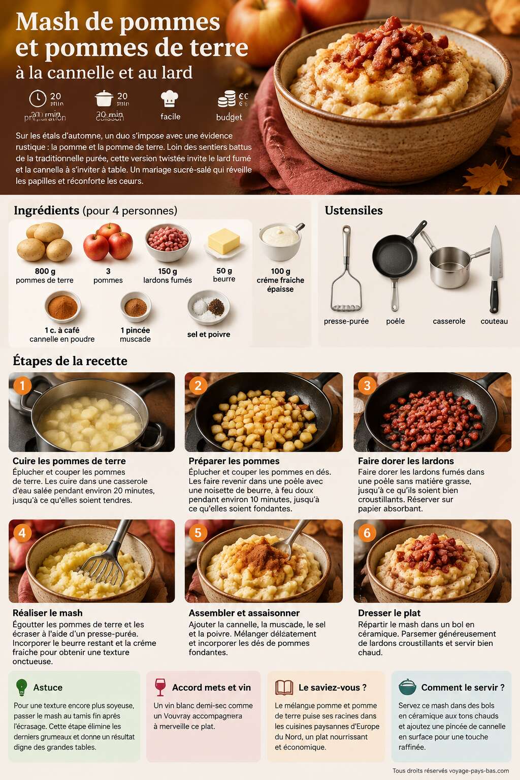Fiche recette Recette du mash de pommes et pommes de terre à la cannelle et au lard Fiche recette Recette du mash de pommes et pommes de terre à la cannelle et au lard
