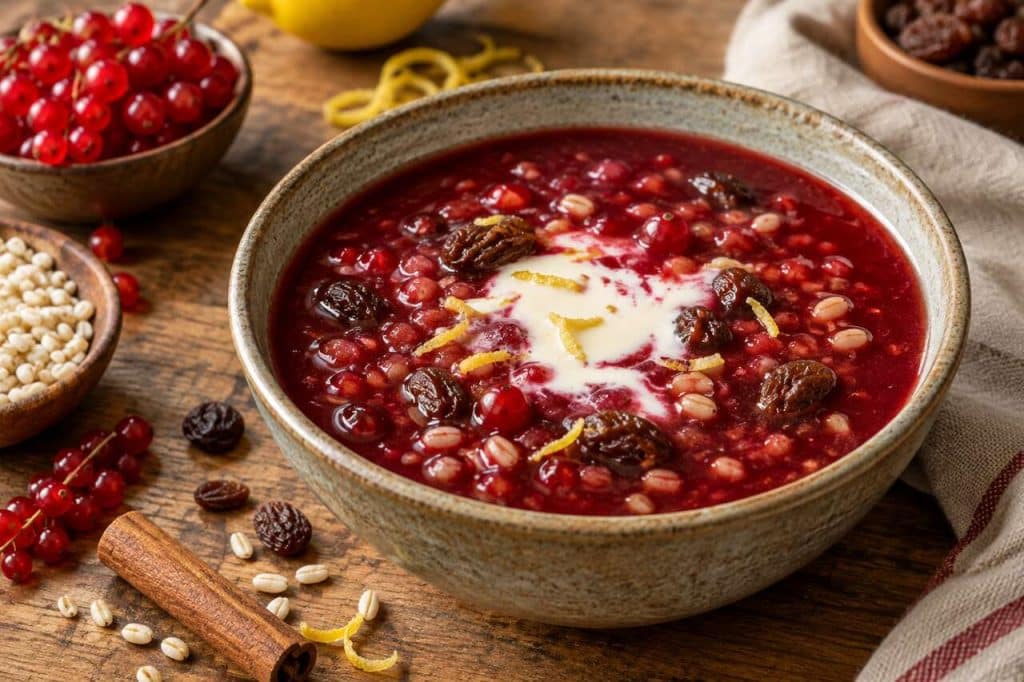 Recette de watergruwel : soupe d'orge aux raisins secs et jus de groseille