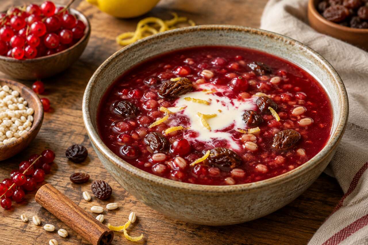 Recette de watergruwel : soupe d'orge aux raisins secs et jus de groseille